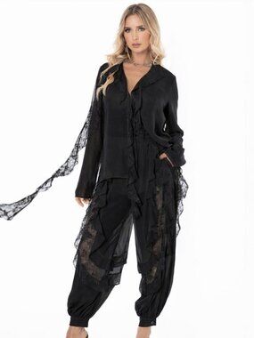 Black Ruffle Lace Two-Piece Set | Sheer Blouse & Statement Pants
